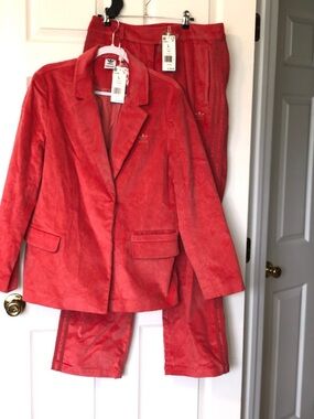 adidas Coral-Red Corduroy Blazer and Track Pants Set